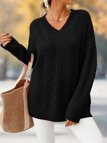 Okiwam Women's Oversized Sweaters Long Sleeve V Neck Cable Knit Pullover Tops Fall Outfits Spring Fashion Clothes 2026-XXL Black - Thumbnail 2