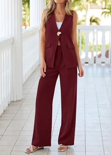 KIRUNDO Pant Suits for Women Dressy 2 Piece Business Casual Outfits Summer Sleeveless Blazer Vest Wide Leg Pantsuit Sets(Burgundy, Medium) - Thumbnail 6