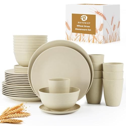 BUSOKIP 40 Pieces Plates and Bowls Sets, Wheat Straw Dinnerware Sets for 8, Dinner Plates, Cereal Bowls and Drinking Cups, Unbreakable and Reusable Plastic Dinnerware Sets (Beige) - Image 1