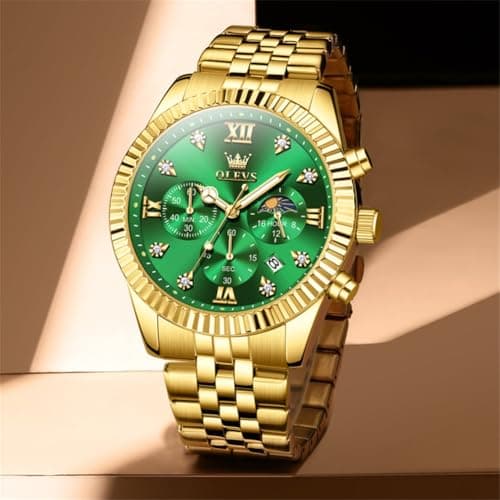 OLEVS Gold Watches for Men Luxury Dress Green Big Face Stainless Steel Analog Quartz Mens Watch Wrist Waterproof Fashion Chronograph Moon Phase Luminous Mens Watches Relojes para Hombres - Thumbnail 4