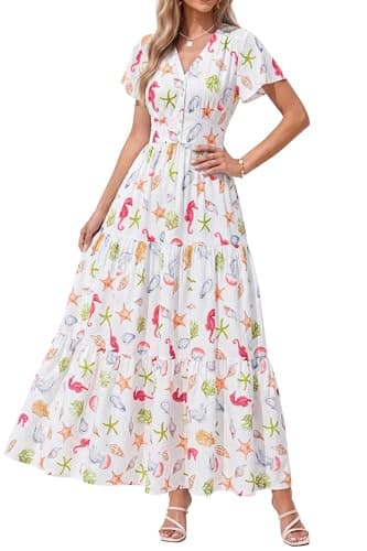 PRETTYGARDEN Women Summer Maxi Dresses 2026 Short Sleeve V Neck Button Floral Tiered Flowy Boho Sundress Beach Outfits(Floral White Multicolored,XX-Large) - Image 1