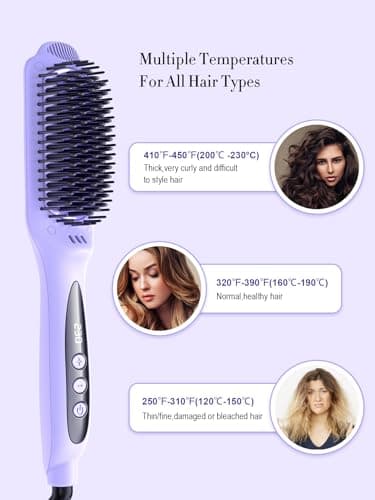 LANDOT Hair Straightener Brush for Damaged Hair - Keratin & Argan Oil Coated Bristles, Ionic Ceramic Straightening Brush to Reduce Frizz & Nourish Hair, Dual Voltage, 12 Temp 250-450F, Purple - Thumbnail 4