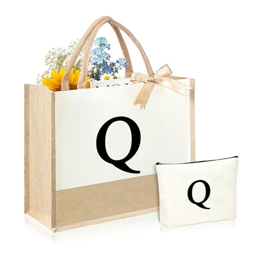 DCLOVERY Initial Canvas Tote Bag & Makeup Bag for Women Teacher Bridesmaids，Personalized Present for Wedding, Birthday, Beach (Q, White and Flax) - Image 1