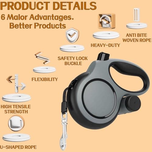 Dual Retractable Dog Leash 2 Large Dogs (Up to 110 Lbs Each), 2 Headed Pet Leash with Poop Bags, 16ft/5m Extension, Non-Slip Grip, One-Button Break & Lock, 360-degree Tangle-Free (Gray, Medium) - Thumbnail 4