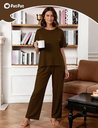 PATPAT Lounge Sets for Women Short Sleeve Pajama Set Soft Comfy Elastic Pjs 2 Piece Loungewear Outfits with Pockets Brown, M - Thumbnail 3