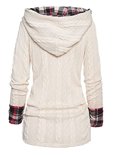 ZEZCLO Women's Twisted Cable Knit Mock Button Ruched Shawl Neck Knit Top Plaid Print Hooded Sweater - Thumbnail 4