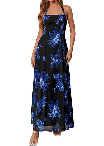 KIRUNDO Women's Summer Sleeveless Halter Floral Maxi Dress 2026 Beach Wedding Guest Cocktail Mesh Flowy A Line Long Sundress(Black, XX-Large) - Image 1