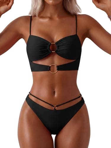 ANRABESS Bikini Sets for Women Summer Sexy Double Loop Cheeky Thong Bathing Suits Beach Vacation Swimwear Black Medium - Image 1