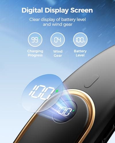 SHEWIND Portable Neck Fan - 5000mAh Rechargeable Hands-Free Wearable Fan | 4 Speeds, Bladeless & LED Display | Personal Cooling Fan for Travel, Outdoors, Camping - Black - Thumbnail 5