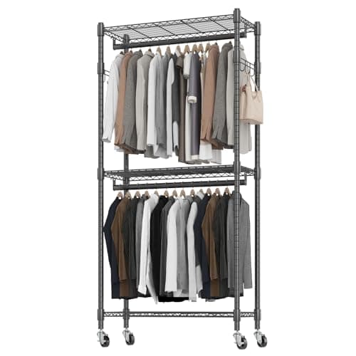 BATHWA Clothes Rack Rolling Narrow 2 tier Garment Rack for Hanging Clothes， Space Saving Portable Clothing Rack with Wheels and Double Rods 8 Hangers, Adjustable, Black - Image 1
