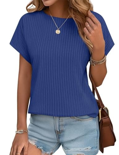 JUSTFASHIONNOW Short Sleeve Blouses for Women Business Casual Shirts Crew Work Tops Neck Basic Tees Textured Cute Office Outfits(Blue,S) - Thumbnail 2