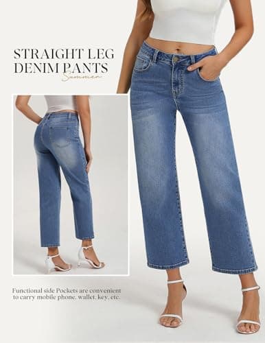 Belle Poque Women Light Blue Wide Leg Jeans Stretchy Mid Rise Straight Leg Jeans with Pockets (Light Blue, 14) - Thumbnail 4