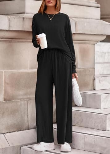 KIRUNDO Spring 2 Piece Lounge Sets for Women Long Sleeve Ribbed Knit Tops Wide Leg Pants Matching Travel Outfits Postpartum(Black, XX-Large) - Thumbnail 4
