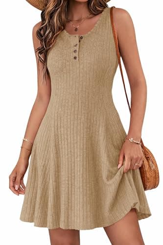 Lazysmile Summer Sleeveless Dresses for Women Crewneck Button Down Ribbed Knit A Line Casual Short Dress Khaki - Image 1