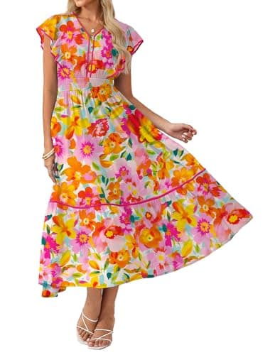 GRACE KARIN 2026 Summer Wedding Guest Dresses for Women Ruffle Sleeve Boho Midi Dress Smocked Flowy Floral Dress with Pocket Pink Orange XL - Image 1