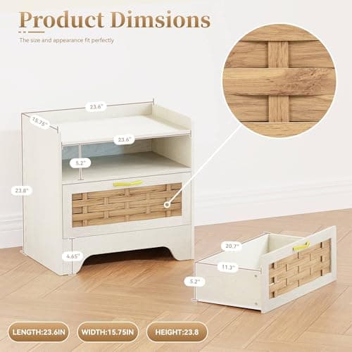 HOCAT 24" Rattan Nightstand, Boho Night Stand with Open Storage, White Bedside Table with Drawer, Bed Side End Table Dresser for Bedroom, Living Room, Hallway - Thumbnail 2