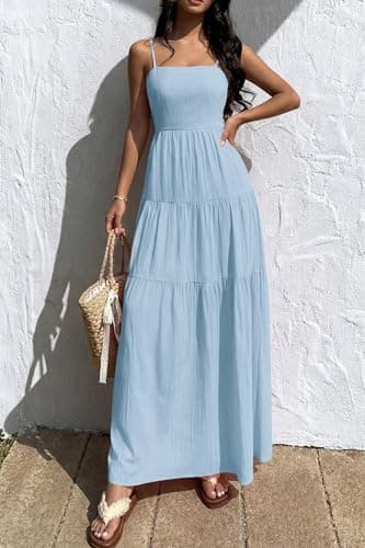 Okiwam Women's Summer Dress 2026 Casual Boho Sleeveless Spaghetti Strap Smocked Maxi Dress Ruffle Long Beach Sundresses-L Blue - Thumbnail 3
