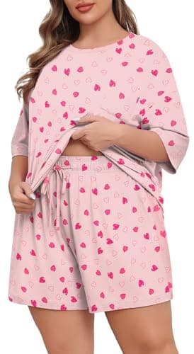 Lastshe Pajamas Set Women's Plus Size 2 Piece Soft Short Sleeve with Pockets Shorts Sleepwear Knit Pjs Loungewear Summer,Pink Hearts,4X - Image 1