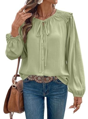 Dokotoo Long Sleeve Womens Tops Dressy Casual Ruffle Crewneck Button Down Shirts Smocked Shirt Tops 2026 Fashion Summer Outfits Green Small - Image 1