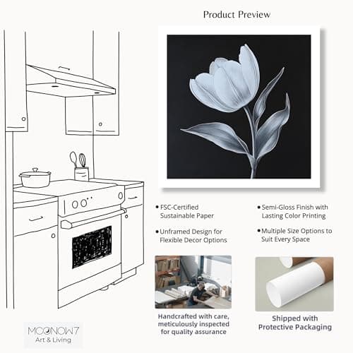 Moonow7 Tulip Flower Wall Art Prints, Black White Poster for Living Room, Bedroom, Kitchen or Bathroom Decoration, Minimalist Floral Artwork, Unframed Size 30x30 cm / 12x12” - Thumbnail 2