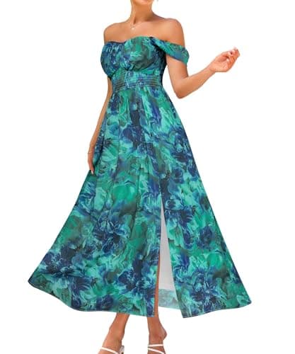 GRACE KARIN Summer Floral Dress for Women 2026,Off The Shoulder Smocked Bridesmaid Dresses,Formal Baby Shower Maxi Dresses Green Blue M - Image 1