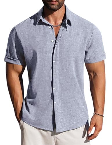 LETSEE Hawaiian Shirt for Men Linen Casual Short Sleeve Button Down Summer Beach Dress Shirts Vacation Outfit, Dark Blue Grey, Small - Image 1