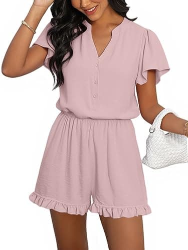 ECOWISH Womens Shorts Rompers Summer Button Short Flare Sleeve Ruffle Wide Leg Mini One Piece Jumpsuits Pockets V Neck Outfit 86 Pink S - Image 1