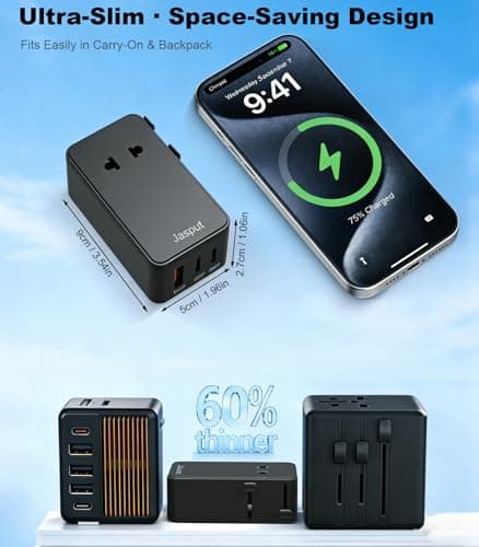 Jasput Mini Universal Travel Adapter, PD Ultra-Thin International Power Adapter with 2 USB-C & 1 USB-A, 1 AC Outlet, Worldwide Travel Plug Adapter for EU/UK/AU/Asia (Not a Voltage Converter) - Thumbnail 3