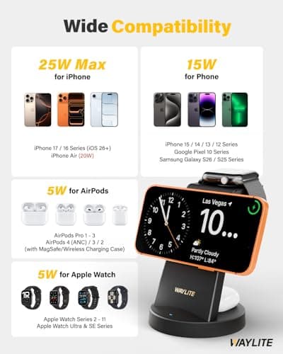 3 in 1 Fast Charging Station for iPhone, 25W Wireless Magnetic Phone Charger for iPhone 17 16e 16 15 14 13 12 11 X Pro Max, Watch Charger Stand, Wireless Charging Station for AirPods, Dark Black - Thumbnail 4