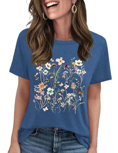LETSEE Graphic Tees for Women Short Sleeve Loose Fit Casual T Shirts Cute Boho Vintage Dressy Trendy Summer Tops, Navy Blue, S - Image 1