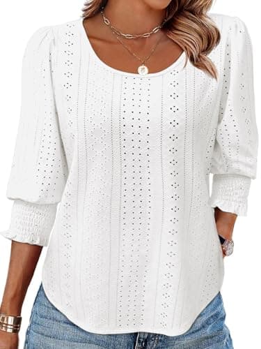 Tankaneo Womens 3/4 Length Sleeve White Eyelet Top - Square Neck Smocked Cuff Casual Blouses Elegant Shirts for Office - Image 1
