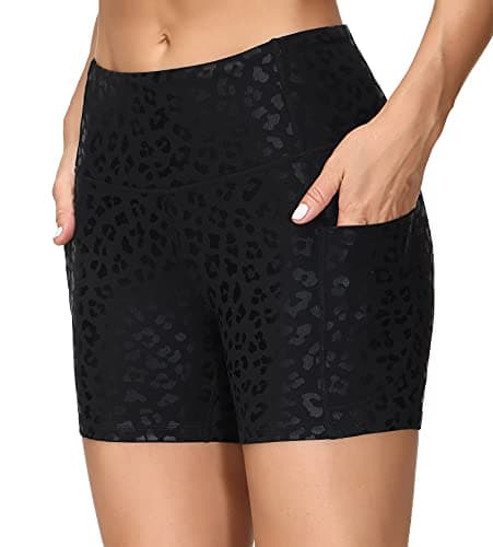 THE GYM PEOPLE High Waist Yoga Shorts for Women Tummy Control Fitness Athletic Workout Running Shorts with Deep Pockets (X-Large, Black spot Leopard) - Thumbnail 6