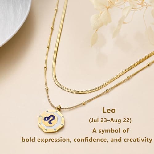 LETFLY Leo Zodiac Necklace for Women, 18K Gold Plated Octagon Shaped Pendant with Cubic Zirconia Adjustable Layered Snake Chain for Womens Jewelry Gifts - Thumbnail 5