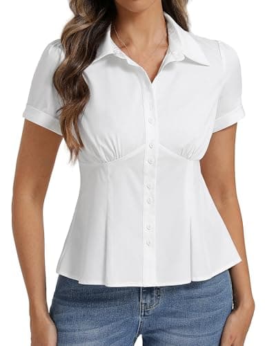 Belle Poque Womens Short Sleeve Button Down Shirts Work Tops Blouses for Women Dressy Casual (White,M) - Image 1