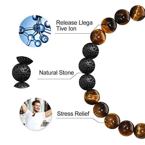 M MOOHAM Bracelets for Men - Beaded Natural Tiger Eye Bracelets for Men Black Lava Rock Stone Chakra Mens Anxiety Bracelet Adjustable Aromatherapy Oil Diffuser Jewelry Gifts - Thumbnail 6