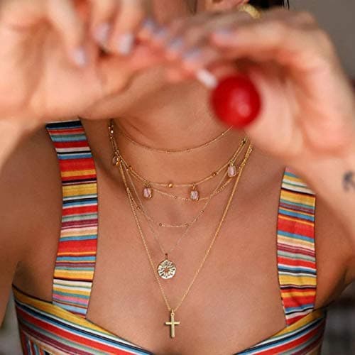 LOYATA Dainty Lock Pendant Necklace 14K Gold Plated Padlock Heart Chain Necklace Delicate Cubic Zirconia Shell/Triangle/Flower Pendant Necklace For Women (Cross 2 Gold) - Thumbnail 3