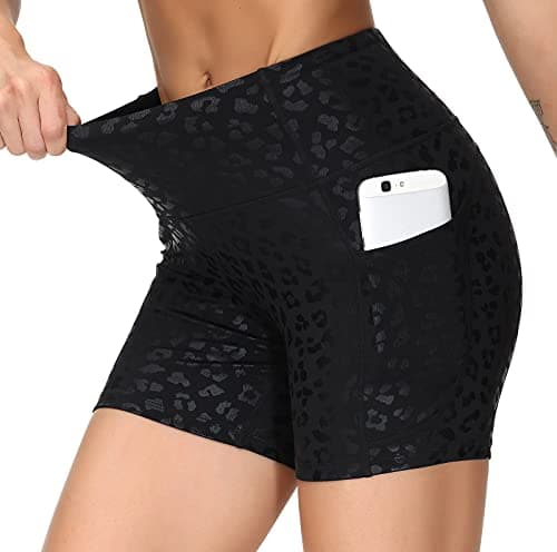 THE GYM PEOPLE High Waist Yoga Shorts for Women Tummy Control Fitness Athletic Workout Running Shorts with Deep Pockets (X-Large, Black spot Leopard) - Image 1
