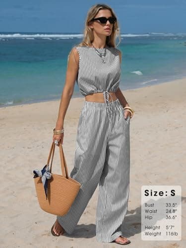 EXLURA Womens 100% Cotton 2 Piece Outfits Stripe Drawstring Crop Tank Tops Wide Leg Pant Sets Faux Linen Summer Cruise Beach - Thumbnail 3
