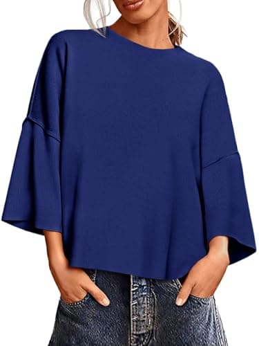 Saodimallsu Womens 3/4 Sleeve Sweaters Lightweight Crewneck Loose Pullover Casual Oversized Fall Knit Tops Navy Blue - Image 1