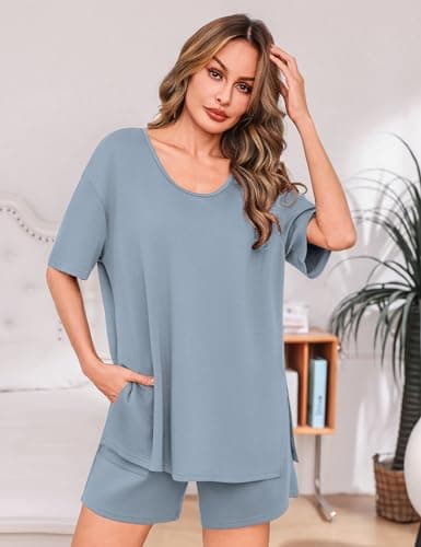 Totatuit Womens Oversized T Shirt and Shorts Set 2 Piece Lounge Outfits High Waist Bermuda Shorts with Pockets Casual Summer Matching Sets Gray-blue Medium - Thumbnail 2