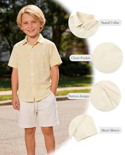 Cozople Boys Hawaiian Shirts Short Sleeve Button Down Shirt for 9-10 Yeras Collared Light Yellow Birthaday Party T-Shirt - Thumbnail 4