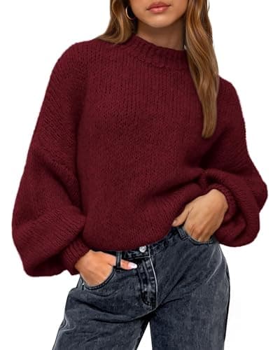 BTFBM Sweaters for Women Fall 2026 Crew Neck Lantern Long Sleeve Oversized Sweater Casual Knit Winter Pullover Tops(Wine Red, X-Large) - Image 1