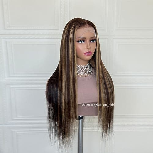 GABROGA 150% Density Glueless 4/27 Highlight 13x4 Colored Straight Lace Front Wigs Human Hair HD Transparent Lace Pre Plucked Natural Hairline with Baby Hair for Black Women 20 Inch - Thumbnail 2