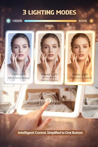 Lighted Makeup Vanity Mirror, Height Adjustable Trifold Mirror with Seamless Light Strip, 1X/2X/3X/10X Magnification, 2000mAh Rechargeable Desk Mirror, Dimmable 3 Color Lighting, Gifts for Mom Women - Thumbnail 3