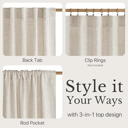 NICETOWN Semi Sheer Curtains 63 inch Length 2 Panels for Bedroom, Rod Pocket & Back Tab Faux Linen Blend Window Treatments Light Filtering Home Decor for Farmhouse, Natural, W55 x L63 - Thumbnail 3