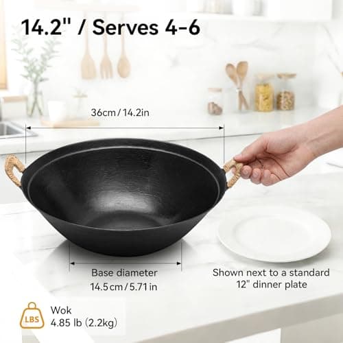 WANGYUANJI 14.2" Cast Iron Wok with Lid, Dual Handles - Flat Bottom Chinese Stir Fry Pan for Induction & Gas Stoves - Traditional Handcrafted Turtle Shell Texture, Uncoated & Non-Toxic - Thumbnail 4