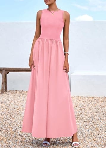 KIRUNDO Summe Sleeveless Maxi Dresses for Women 2026 Spring Wedding Guest A Line Tank Elegant Flowy Beach Long Sundress(Pink, Small) - Thumbnail 5