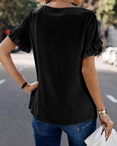PRETTYGARDEN Womens Summer Tops 2026 Casual Ruffle Short Sleeve Crewneck Shirts Loose Basic Work Blouses Spring Outfits(Black,Large) - Thumbnail 5