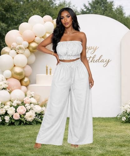 ABKY Two Piece Sets for Women Going Out Summer Off Shoulder Tube Top Palazzo Pants Set Vacation Birthday Party Date Night Outfits White XL - Thumbnail 3