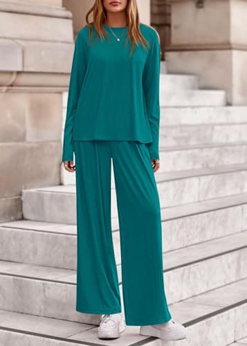 KIRUNDO Spring 2 Piece Lounge Sets for Women Long Sleeve Ribbed Knit Tops Wide Leg Pants Matching Travel Outfits Postpartum(Lake Blue, Large) - Thumbnail 5